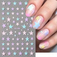6 Pcs Nail Stickers With Glitter Finish: Multi-Purpose Pastel Colors In Floral, Heart, And Star Designs - Nhiều màu - Xem 4