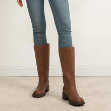 Women's Knee High Square Toe Chunky Block Riding Boots, Low Heel, 2025 Fashion - 棕色 - 查看 3
