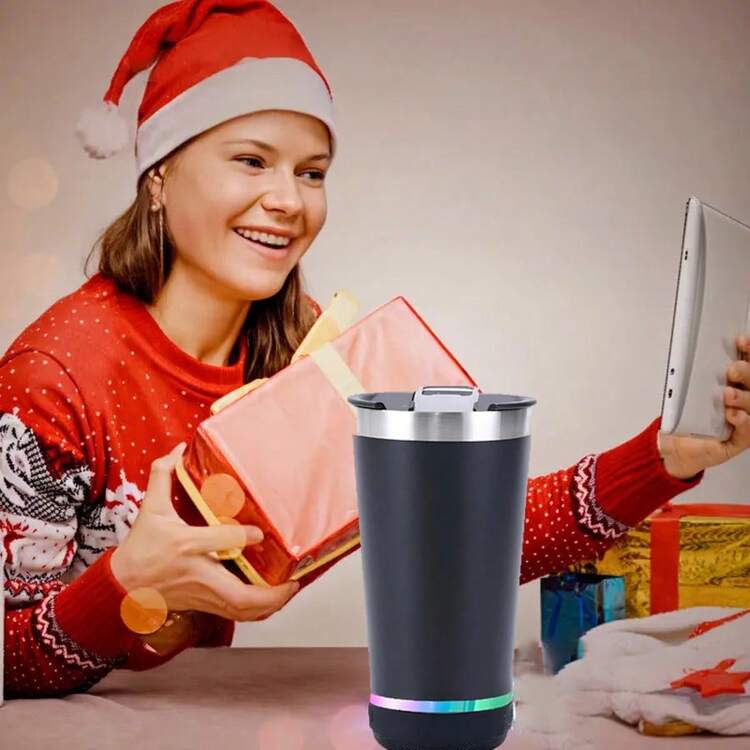 Taza de acero inoxidable aislada con altavoz inalámbrico, forma ovalada, antideslizante, reutilizable, multifuncional, carga USB, batería de litio integrada, solo lavado a mano - Ideal para cumpleaños y adultos - Negro - Añade 3