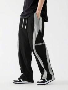 Quần Cargo dáng rộng cho nam màu tương phản, thiết kế túi khóa kéo giả, phù hợp mặc ngoài trời, thường ngày và tập thể dục, mùa thu - màu đen - Xem 2