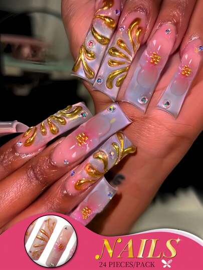 20 piezas Juego de uñas postizas en forma de ataúd curvas de tamaño mediano con paneles laterales naranja neón intenso y detalles con textura brillante de purpurina, incluye lima de uñas y pegamento de gelatina para un ajuste seguro, perfecto para festivales de verano, uso diario y fiestas