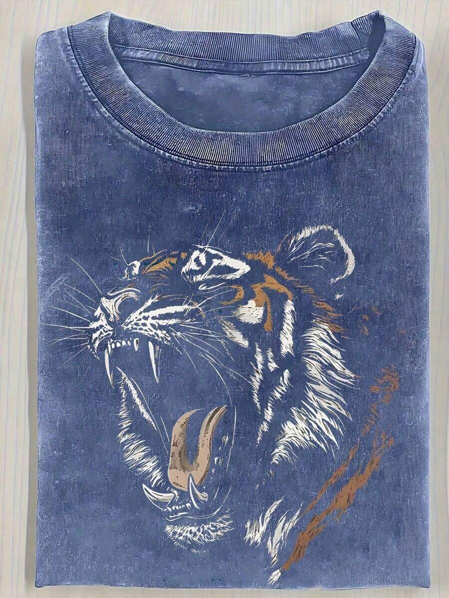 Retro-Style Tiger Portrait Print 230g Heavy Wash Batik Double-Sided Printing Short-Sleeved T-Shirt, Men's Crisp Short-Sleeved T-Shirt, Outdoor Sweatshirt, Vintage Wash, 100% Cotton, Everyday Wear - Royal Blue - View 1