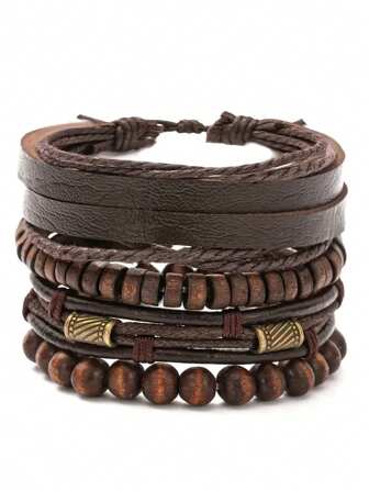 4pcs Fashion Vintage Men's Bracelets Set, Retro Wooden Beads Brown Leather Bracelet , Accessories Christmas Gift Good For Daily And Festival