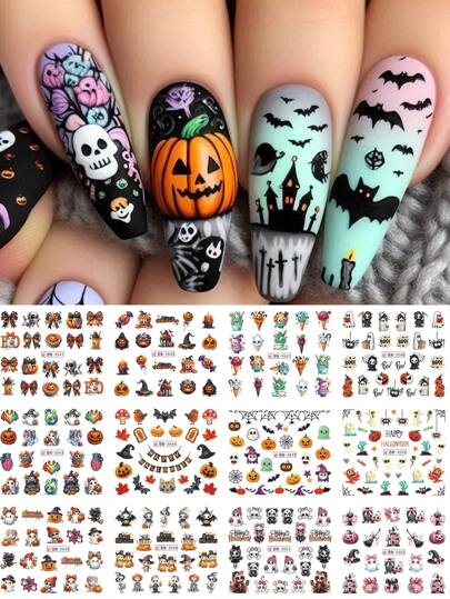 12 种款式万圣节 1 片指甲贴纸，可爱鬼南瓜蝙蝠骷髅蜘蛛网女巫帽图案水转印指甲贴花设计指甲饰品装饰，节日指甲用品