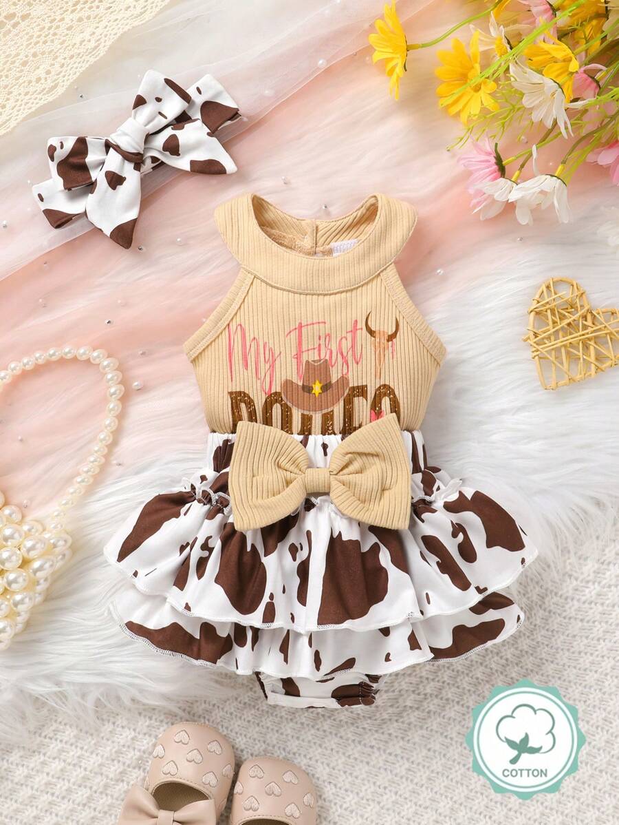 2pcs Set Casual Elegant Sweet Cute Baby Girl Outfit, Soft Comfortable Bow Decor Letter & Bull Head Print Ruffle Backless Romper Dress & Headband, Newborn Infant Girl Clothes, Girl Dress, Toddler Girl Clothing, Suitable For Daily Use, Vacation, Party, Photo Shoot