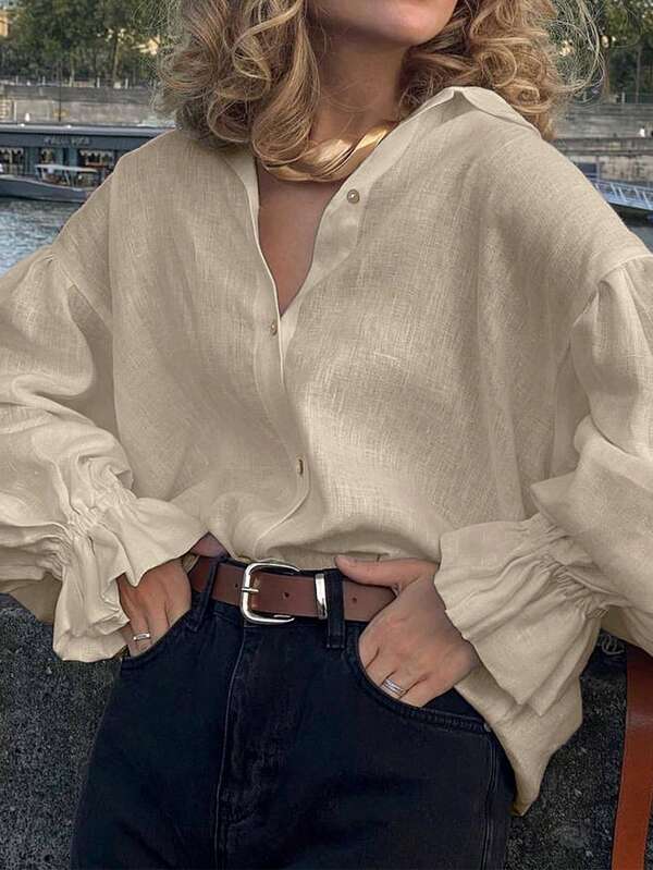 Women's Fashionable And Elegant Blouse For Autumn/Winter, Single-Breasted With Ruffle Sleeves Design, Beautiful Women's Shirt Suitable For Daily Wear And Leisure