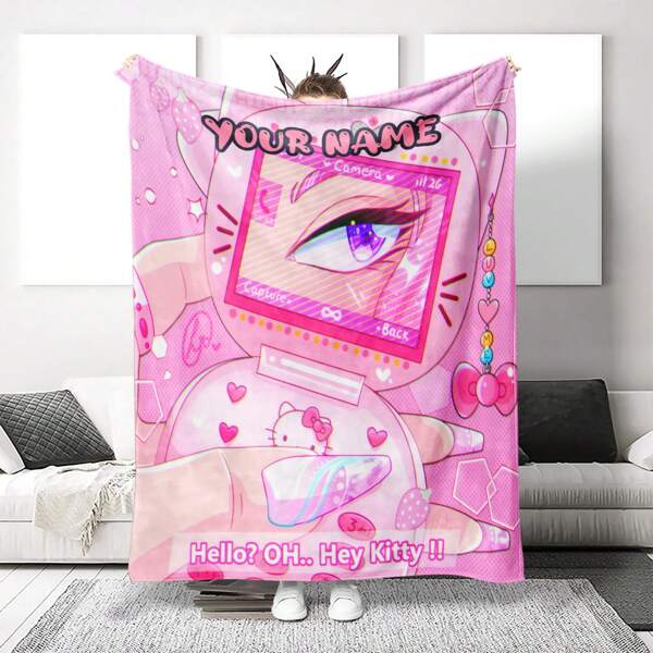 Sanrio [Manta personalizada de Sanrio Kuromi] Manta de franela/felpa personalizada con el nombre de Sanrio Kuromi - Suave y cómoda, estilo lodge, lavable a máquina, impresión digital, poliéster, para la oficina