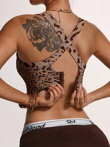 Women's Contrast Leopard Print Yoga Sports Bra, Sexy Sheer Breathable Moisture-Wicking Fabric - Brown - View 3