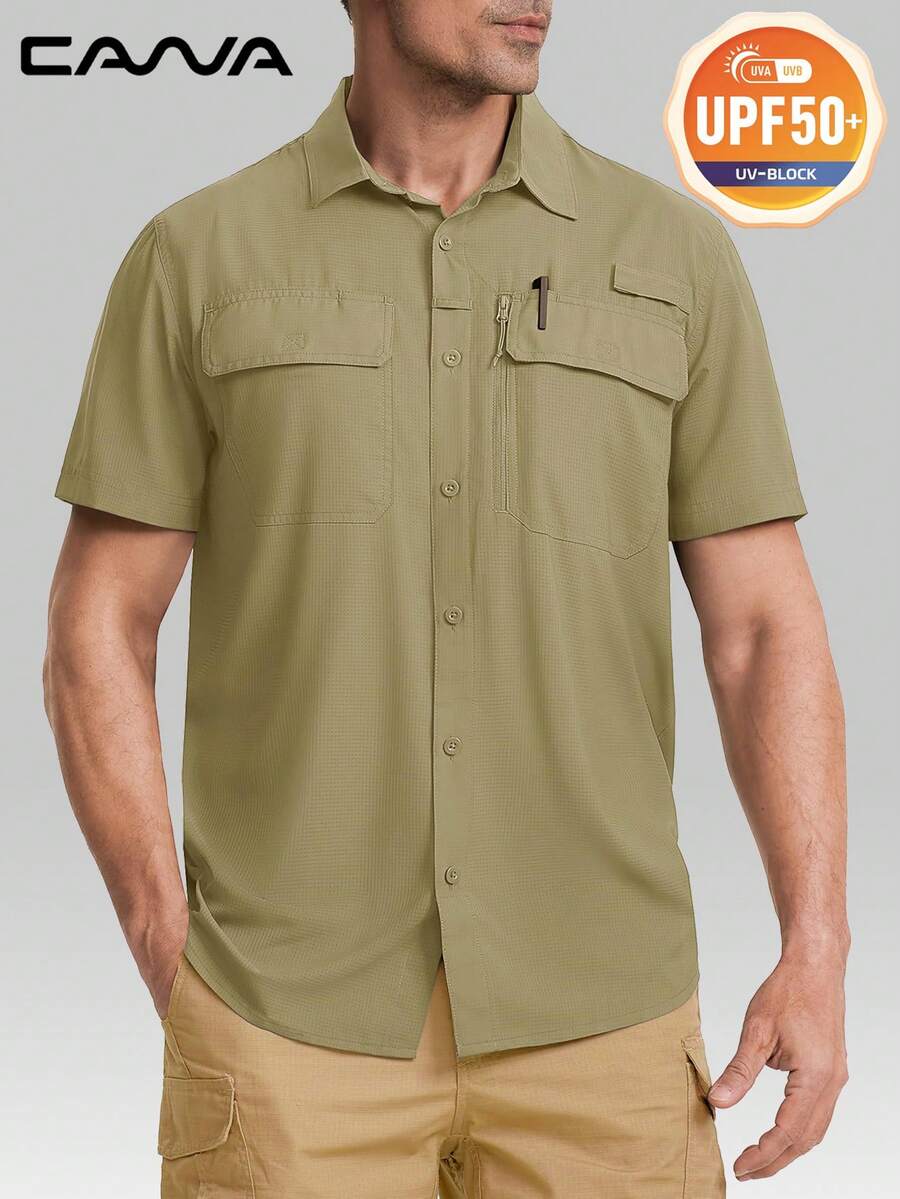 Cavva 男士户外 UPF50+ 钓鱼徒步衬衫 防水柔软轻便透气 3 个实用口袋 钓竿架 太阳镜环 笔槽 内置眼镜布 徒步露营 - 卡其色 - 查看 1