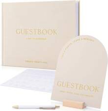 Beautiful Wedding Guest Book Set With Personalized 2025 Year Your Wedding Reception – Elegant Photo Guestbook Linen Cover, Sign, Luxury Pen & Adhesive Photo Corners To Capture Memories - 米色 - 查看 1