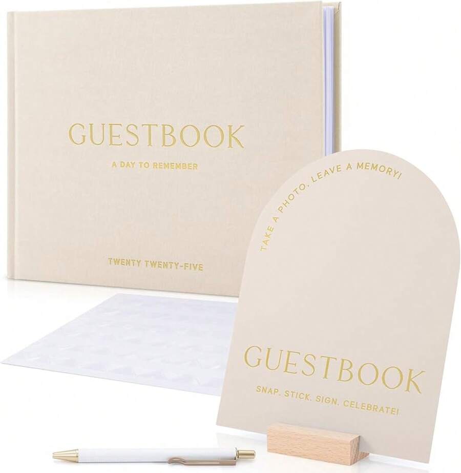 Beautiful Wedding Guest Book Set With Personalized 2025 Year Your Wedding Reception – Elegant Photo Guestbook Linen Cover, Sign, Luxury Pen & Adhesive Photo Corners To Capture Memories - 米色 - 查看 1