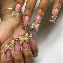 Long Press On Nails Duck Fake Nails Gold Glitter French Tip False Nails With Gold 3D Butterfly Designs Duck Nail Press Ons Glossy Artificial Nails Cute Stick On Nails For Women 24Pcs - 長款-C5C15 - 查看 2
