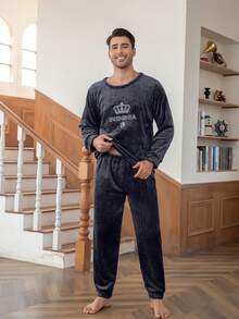 Bộ đồ ngủ nam đơn giản, bộ đồ ngủ bằng vải flannel ấm áp gồm áo dài tay rộng và quần rộng, thích hợp cho mùa thu/đông. - Màu xám đen - Xem 6