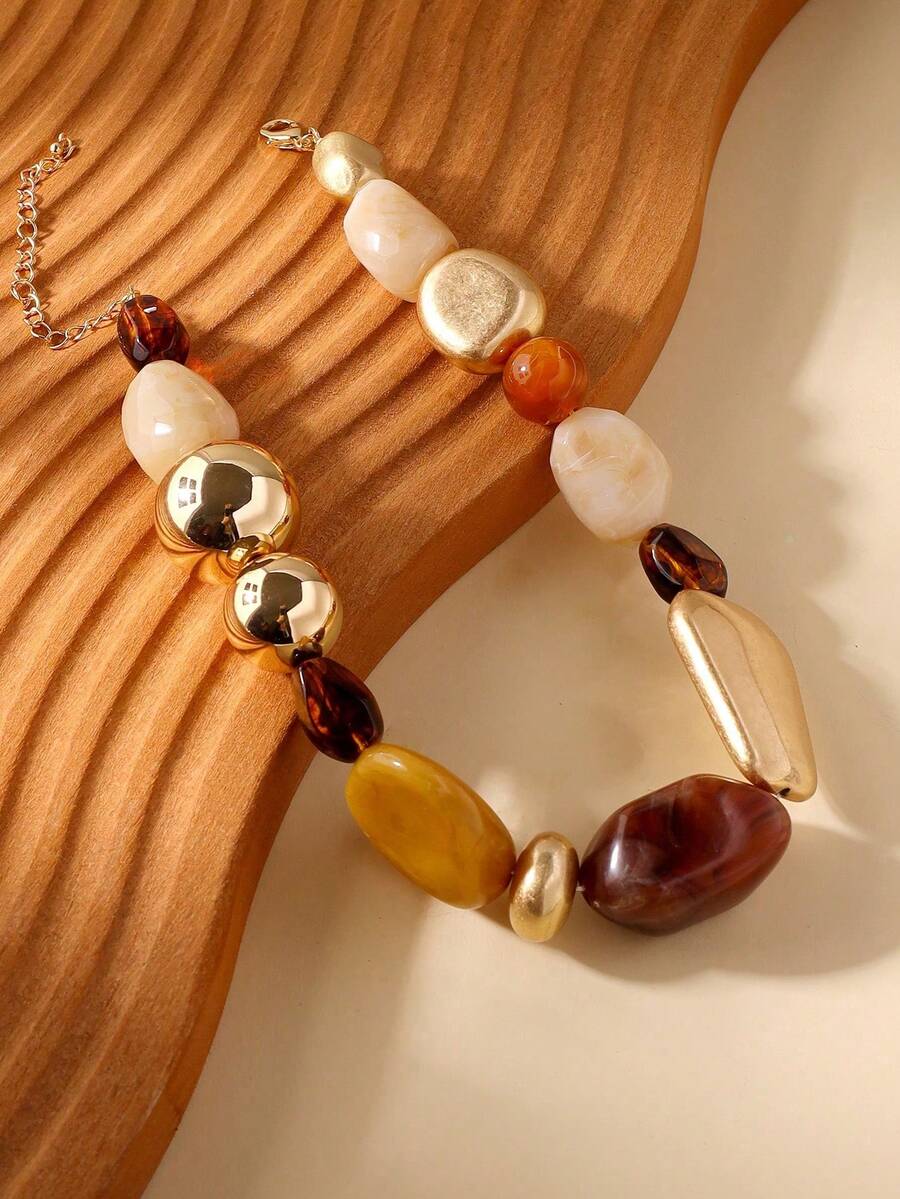 1 件时尚复古夸张波西米亚风格厚棕色亚克力串珠项链，适合女性、情侣、派对、日常穿着、奢华高端 - 彩色 - 查看 1