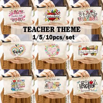 1/5/10 件/套 教师主题字母印花礼品袋，便携式洗漱包旅行化妆品收纳套装，表达爱意和感激之情的礼物，彩虹字母教师主题化妆品收纳袋，化妆品整理袋，多功能化妆包，可爱手提钱包便携式化妆刷收纳袋