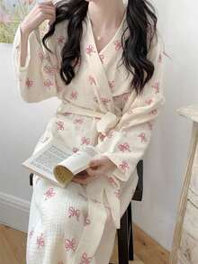 1pc Women's Spring & Autumn Korean Style Simple Comfortable Sleepwear Robe, Pink Bow Casual Loose Homewear Pajamas, Quick Absorbing Bath Robe, Suitable For Spa, Couple Matching Bathrobes