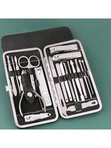 Juego de manicura y pedicura de 19 piezas, kit de cuidado de uñas profesional para manos y pies con cortaúñas, alicates de cutículas, tijeras para uñas y lima de acero inoxidable, con estuche de viaje. Herramientas de cuidado de uñas para hombres y mujeres - Negro - Ver 6