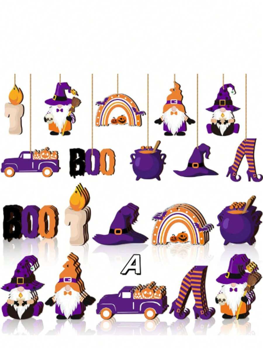30pcs Vintage Halloween Wooden Hollow Hanging Ornaments, Includes Pumpkin Head, Bat, Ghost, Spider Web, Witch Hat And Other Dark Elements, Distressed Finish With Orange, Black, Purple Gradient Colors, Suitable For Halloween Tree Decoration, Home Party, Bar/Restaurant/Mall Atmosphere, Porch, Wall, Staircase Hanging Decor