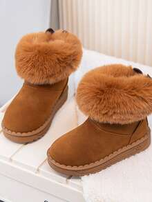 冬季儿童新款雪地靴毛绒保暖户外公主靴，闪亮设计平底一脚蹬软底女童毛绒厚款可爱靴子 - 棕色 - 查看 2