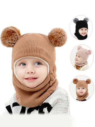One-Piece Padded And Thick Knitted Hooded Mask Cover For Both Boys And Girls In Autumn And Winter. Boys And Girls' Warm And Beanie Hat, Ear Cover Hat. Suitable For Daily Outings And Outdoor Cycling.