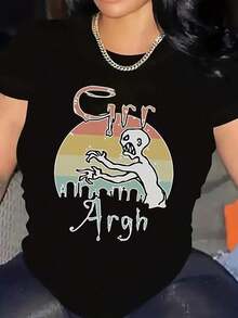Plus Size Women's Zombie Mummy Graphic T-Shirt - Round Neck T-Shirt With Drip Letters And Sunset Graphics Regular Fit Casual Top Suitable For Everyday Outdoor Leisure T-Shirt Suitable For All Seasons. Graphic Tees Men Shirts Streetwear White Shirt Black Shirt - 黑色 - 查看 1