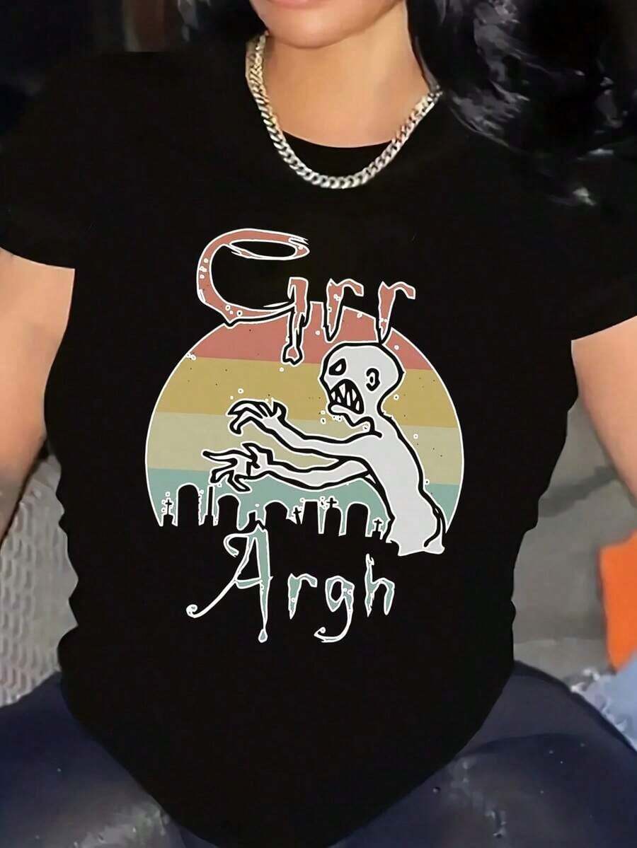 Plus Size Women's Zombie Mummy Graphic T-Shirt - Round Neck T-Shirt With Drip Letters And Sunset Graphics Regular Fit Casual Top Suitable For Everyday Outdoor Leisure T-Shirt Suitable For All Seasons. Graphic Tees Men Shirts Streetwear White Shirt Black Shirt - 黑色 - 查看 1