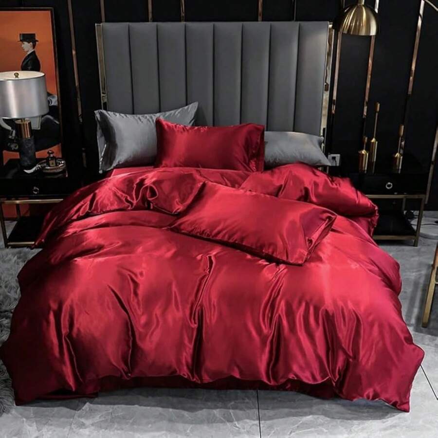 Full Satin Bedding Set In Wine Red, Silk - Like, Luxury Soft Burgundy Comforter Cover, Chic Bedroom Decor, Zippered (1 Duvet Cover + 2 Pillow Cases) - Multi 04 - 查看 1