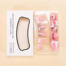 Duck Nails Press On Long Press On Nails White French Tip Fake Nails Coffin False Nails With Rhinestones Designs Pink Glue On Nails Glossy Artificial Nails Natural Stick On Nails For Women - 長款-C5C4 - 查看 3