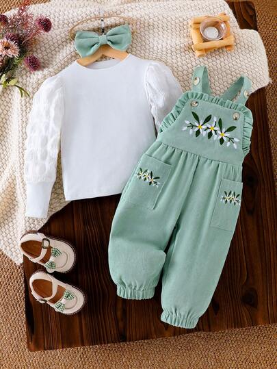 Baby Girl 3pcs Set Casual Outfit, Includes Solid Color Ribbed Splice Long Sleeve Tee Shirt, Floral Embroidery Bib Strap Pants With Pockets, And Bow Headband, Suitable For Spring & Autumn