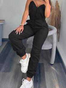 Black 2025 New Women's Commuting Elastic Waist Loose Casual Elegant Pocket Y2K Street Work Pants Suit Jumpsuit, Airport Wear, Clubs, Birthday Parties, Halloween, New Year, Thanksgiving, Going Out, Beach, Vacation, Country Concert Outfit, Teacher, Spring, Summer And Autumn
