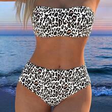 Sexy High Waist Leopard Print Bandeau Bikini 2 Pieces Swimsuit, European & American Style - Multicolor - View 3
