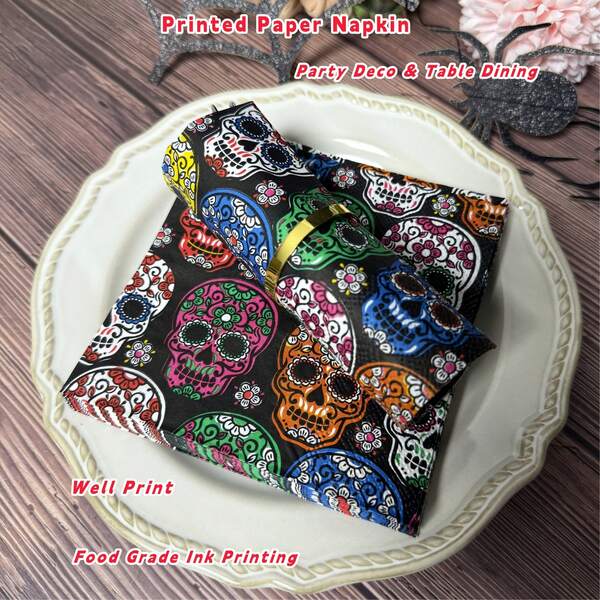 20/40 piezas Servilletas de papel grueso de 3 capas, con estampado colorido de calaveras, tamaño desplegado de 10*10 pulgadas, estilo cóctel, para fiestas y decoración de festivales temáticos, adecuadas para el Día de los Muertos y Halloween