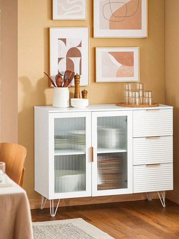 SoBuy Aparador de cozinha Armário expositor de vidro com 2 portas e 3 gavetas 108 x 40 x 85 cm Branco FSB86-W PT