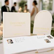 Beautiful Wedding Guest Book Set With Personalized 2025 Year Your Wedding Reception – Elegant Photo Guestbook Linen Cover, Sign, Luxury Pen & Adhesive Photo Corners To Capture Memories - 米色 - 查看 8