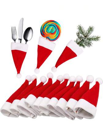 10/20pcs Christmas Hat Cutlery Holders, Red Non-Woven Fabric Santa Claus Hat Silverware Holders, Lollipop & Wine Bottle Toppers Decor, Knife And Fork Bags For Holiday Parties & Dinner Table Decor, Christmas Decor