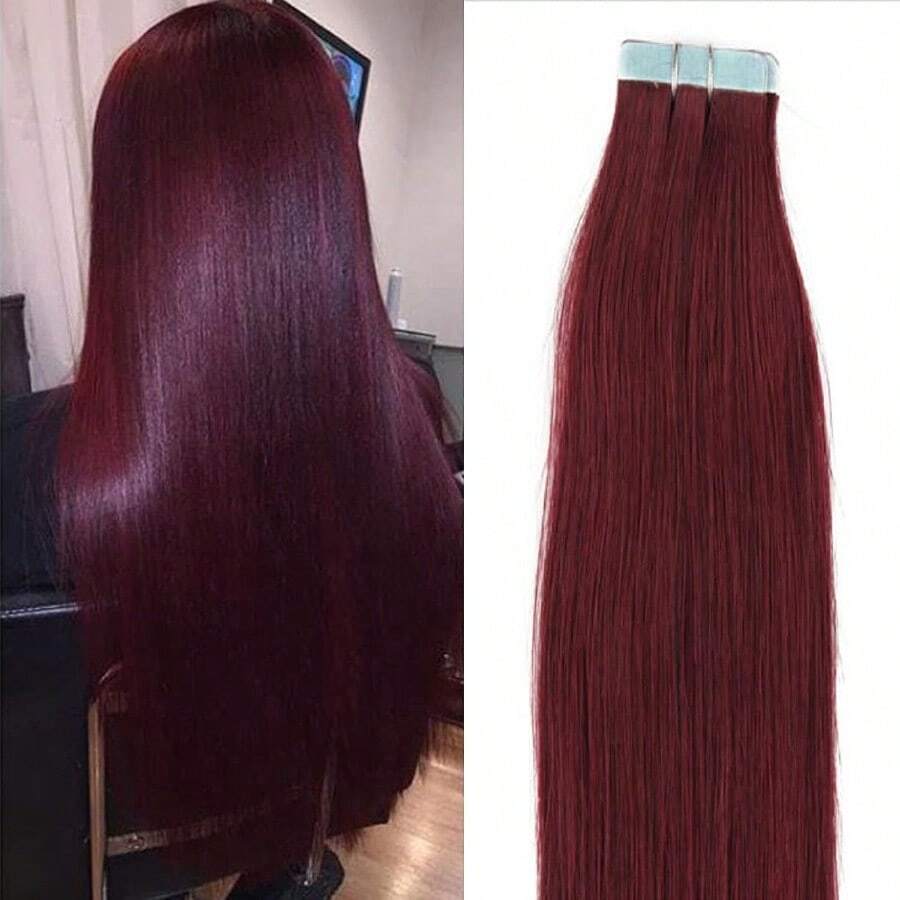 DHair Extensions Tape In Seaml Skin Weft Remy Human Hair 16Inch 10Pcs 99J Wine Red 7001 - 99J酒紅色 - 查看 1