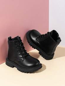 1 双儿童黑色 PU 靴，带侧拉链，厚底靴，适合男孩和女孩、小学生和中学生，四季皆宜，通勤、度假、聚会