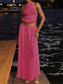 雪纺多层褶皱蕾丝边露背吊带长裙套装，浪漫优雅两件套，适合狂欢派对、聚会、哥特风、婚礼等场合。#两件套，2026春夏女装，婚礼季、音乐节、返校季，请穿着肤色内衣。由于生产批次不同，可能存在一些色差。 - 珊瑚粉 - 查看 4