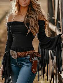 ii Chic Vintage Western Goth Style Off-Shoulder Women's Top With Tassels For Halloween