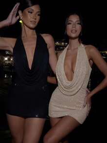 ZIAI 2025新款性感露背吊带褶皱扭结修身迷你连衣裙，时尚欧式风格，适合海滩、晚宴等场合，优雅迷人。 - 卡其色 - 查看 3