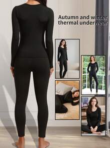 一套保暖内衣套装，包括圆领长袖上衣和七分裤，适合秋冬季穿着。