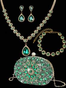 Rhinestone Jewelry Set Bling Necklace Earrings Bracelets Set For Women Evening Clutch Bag Bridal Wedding Sparkling Sunflower Crystal Glass Diamond Decoration Purse For Women Prom With Detachable Metal Chain For Wedding And Party Shoulder Bag For Women Clutch Purses For Ladies Bag Women's Handheld Evening Bag Versatile Glitter Handheld Bag Cocktail Party Wedding New Wallet Banquet Bag