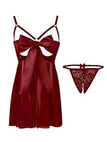 2pcs Plus Size Lingerie Set With Ribbon Tie Back Design, Christmas, Halloween, Valentine's Day Gift - Burgundy - View 6