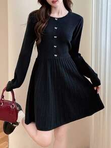 Alicedudu Women's Elegant Bow Button Design Knitted Sweater Dress, Autumn/Winter - Black - View 4