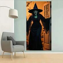 1pc Halloween Door Curtain Banner, Evil Red-Eyed Open Mouth Witch Design 2D Banner, Spooky Halloween Decor, Suitable For Home Decor, Doorway, Patio And Garden, Durable Polyester Material, Halloween Decoration