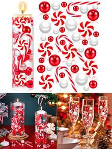 600/326pcs Christmas Vase Decorations Beads - Red & White Candy Cane & Imitation Pearls, Floating Beads For DIY Holiday Centerpieces, Tabletop & Coffee Shop Decor, Festive Plastic Beads For Christmas & New Year, Christmas Beads, Candy Cane Pattern, Impearl Beads, Seasonal Home Decor, Lightweight Decor, Event Planners, Best For Christmas