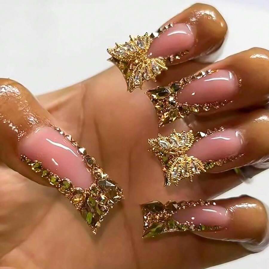 Long Press On Nails Duck Fake Nails Gold Glitter French Tip False Nails With Gold 3D Butterfly Designs Duck Nail Press Ons Glossy Artificial Nails Cute Stick On Nails For Women 24Pcs - 長款-C5C15 - 查看 1