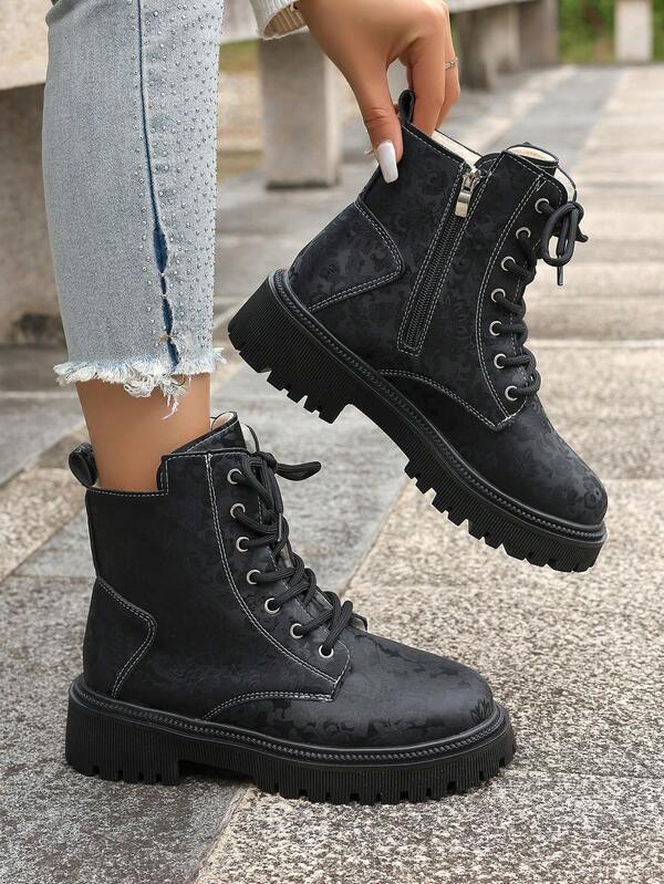 Women's Boots, New Autumn/Winter Platform Lace-Up Ankle Boots, Versatile Chunky Heel Motorcycle Boots