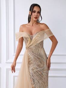 Elegant Golden One-Shoulder Mermaid Evening Gown With Beaded Crystal Organza Floor-Length Skirt, Suitable For Birthday Parties, Dance Parties And Other Formal Occasions - Gold - View 6