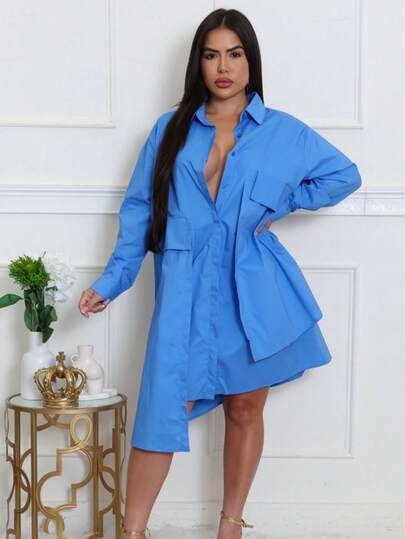 Vestido camisero casual asimétrico para mujer en otoño, con cuello de camisa, botones delanteros, manga larga, vestido corto, unicolor, bolsillo casual, botón asimétrico/asimétrico